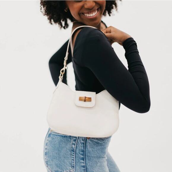 Pretty Simple Cream Vegan Leather Bamboo Shoulder Bag - Picture 1 of 14